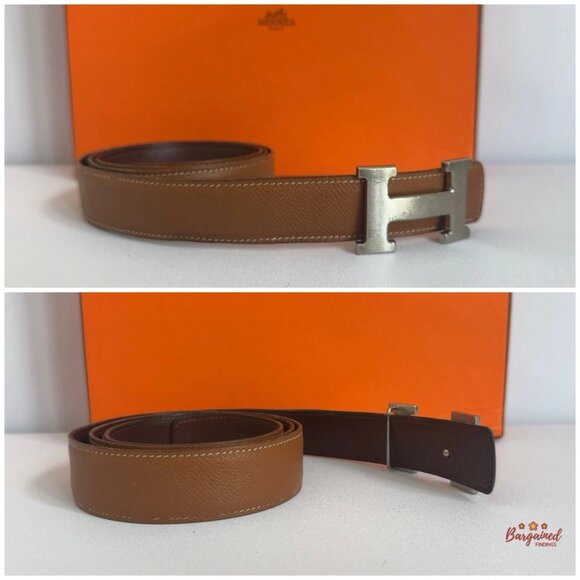 Authentic HERMES Brown Leather H Silver Reversible Buckle Belt B 100 main image 5